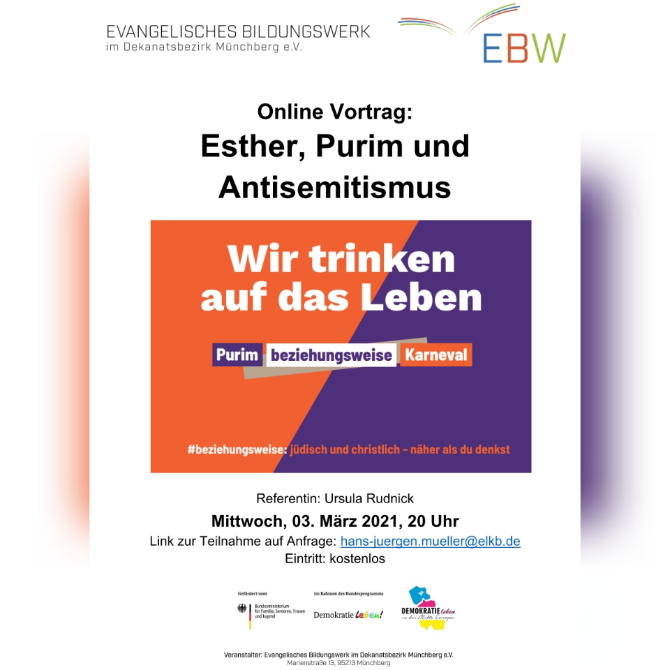 Online-Vortrag: Esther, Purim und Antisemitismus am Mittwoch, 3. März 2021